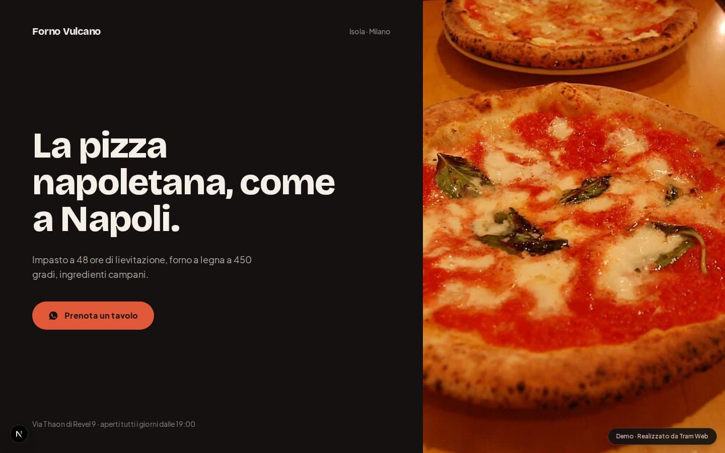 Sito pizzeria con layout essenziale, senza recensioni o segnali di fiducia in evidenza